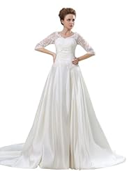 Satin Elbow Length Sleeves Lace Wedding Dress 