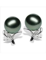 18K white gold Bamboo Black Tahitian cultured pearl and diamond earring
