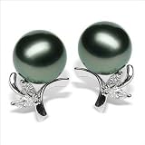 18K white gold Bamboo Black Tahitian cultured pearl and diamond earring