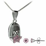 Sterling Silver Pink cz Baby Shoe Pendant and Stud Earrings Set