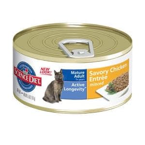 Hill\’s Science Diet Mature Adult Active Longevity Savory Chicken Entree Minced Cat Food – 5.5-Ounce Can (Pack of 24)