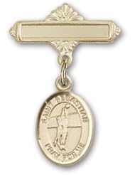 14K Gold Baby Badge with St. Sebastian Volleyball Charm and Polished Badge Pin