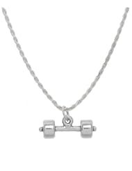 Sterling Silver Solid Dumbbell Barbell Weight Charm on Rope Chain Necklace