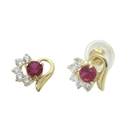 14K Gold Stud Earring CZ Red And White heart Yellow Gold Earring With Screw Back For Kids & Teens