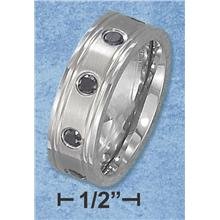 Cz's & Crystals Sr-3105 : Stainlesterling Silver Steel 8mm Mens Wedding Band With Black Cz''s And Lined Edges Ring Size 10
