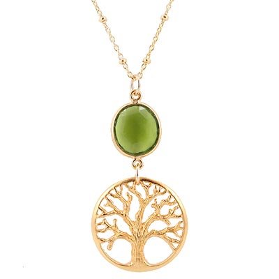 Detailed Open Design Gold Vermeil Textured Tree of Life Pendant and Faceted Peridot Gemstone on an 18