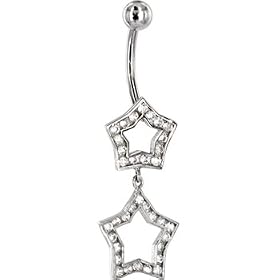 Solid 14KT White Gold Cubic Zirconia COUPLED STAR Belly Ring by Belly Rings in 14K Gold