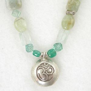 Round Silver Double Side Om (Aum) Pendant with Aquamarine, Peruvian Opal, Apatite, and Flourite Gemstone Bead Necklace, 24" Length, #7830