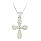 Sterling Silver Created-White Opal Inlay and Cubic Zirconia Accent Cross Pendant w/ Rolo Chain, 18