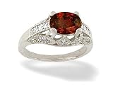14K White Gold Genuine Oval Garnet and Diamond Antique Style Ring