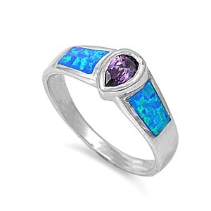 Sterling Silver 8mm Blue Opal & Amethyst Ring (Size 5 - 10)
