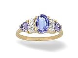 14K Yellow Gold Genuine Oval Tanzanite and Diamond 3-Stone Ring