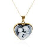 14K Heart Shape Mother Holding Child Cameo Pendant & Chain 18