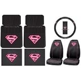 Supergirl Super Girl Pink Shield Ultimate Auto Accessory Package - Front & Rear Floor Mats, Seat Covers, Steering Wheel Cover, CD Visor Organizer, Keychain, Plate Frame, License Plate, Fuzzy Dice, Decals & Bling Kit