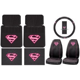 Supergirl Super Girl Pink Shield Ultimate Auto Accessory Package - Front & Rear Floor Mats, Seat Covers, Steering Wheel Cover, CD Visor Organizer, Keychain, Plate Frame, License Plate, Fuzzy Dice, Decals & Bling Kit