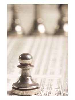 Silver Pawn on Newspaper Stock Market Report with Line of Chess Pieces, Chess Photographic Poster Print, 18x24