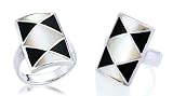 White Mother of Pearl & Onyx Right Hand Ring Sterling SIlver