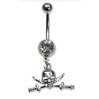 Stainless Steel Belly Ring with Clear Australian Crystals - Dangling skull and swords 14g/5mm ball