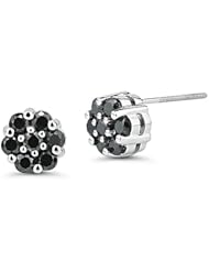 1.12 Cts Black Diamond Flower Earrings in 14K White Gold-Screw Backs