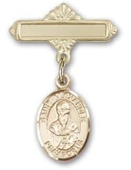 14kt Gold Baby Badge with St. Alexander Sauli Charm and Polished Badge Pin
