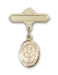 14K Gold Baby Badge with St. Alexander Sauli Charm and Polished Badge Pin