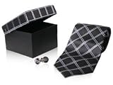Charcoal Gray and Light Blue Matching Silk Tie and Cufflinks in Gift Box
