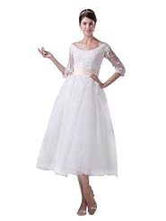 A-line Strapless Tulle Lace-Up Tea Length Wedding Party Dress  with a Brush/Sweep Train 