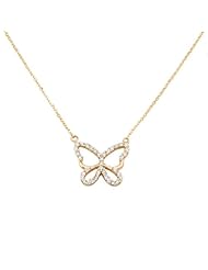 14K Yellow Gold High Polish Pave CZ Open Butterfly Charm Pendant Necklace with Spring-ring Clasp - 17" Inches