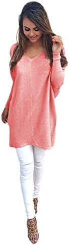 EKIMI Womens Casual Loose Long Sleeve V-Neck Jumper Sweaters Coat Blouse (L, Pink)