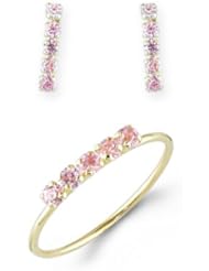 Kids 14k Yellow Gold Pink White Vertical CZ Stud Earring Ring Set