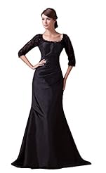 Square Neck Lace Elbow Length Sleeves Taffeta Floor Length Evening Dress 