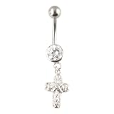 925 Sterling Silver Belly Ring with Hand Set CZ Stones - Dangle Cross Belly Ring - 14g Steel Bar
