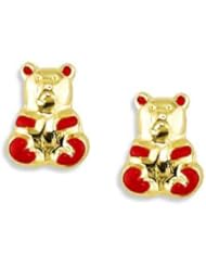 14k Yellow Gold Red Enamel Teddy Bear Stud Earrings