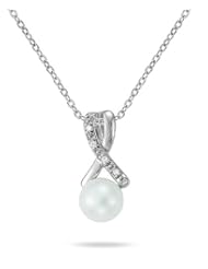 All Natural 7MM Freshwater White Pearl and 0.02 CTW Diamond Pendant in 10K White Gold