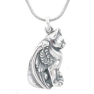 Winged Cat Pendant in Sterling Silver on 16" Rhodium and Silver Snake Chain, #7924