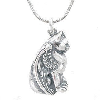 Winged Cat Pendant in Sterling Silver on 16 Rhodium and Silver Snake Chain, #7924