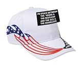 I'M STUCK BETWEEN THE YOUNG & THE RESTLESS AND THE OLD & THE SENSELESS Adult USA Flag Racing Flame Hat / Cap