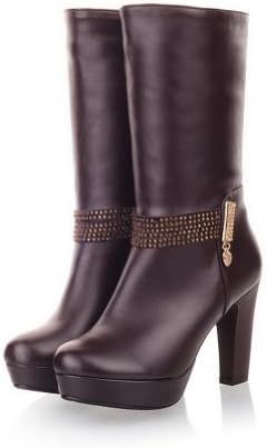 VogueZone009 Women's Round Toe Platform Studded Rhinestones Red Bottom Chunky Heels PU Mid-calf Boots, Brown, 7 B(M) US