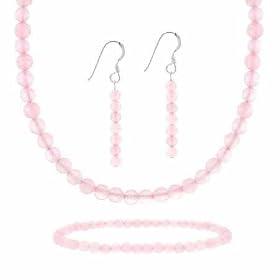 Sterling Silver 4mm Genuine Rose Quartz Stone Bead Beaded Dangle Hook Earrings Stretch Bracelet Necklace 15-19" Jewelry Set