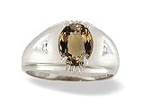 14K White Gold Genuine Oval Smoky Quartz and Diamond Men's Ring