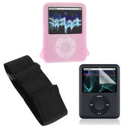 Premium iPod Nano Pink Silicone Case Deluxe Package for Apple iPod Nano 3rd Generation Skin Silicone case Package for Nano 4 GB and Nano 8 GB with Screen protector and armband