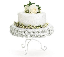 White Pedestal Cake Stand With Rose And Scroll Design Beautiful For Weddings, Anniversaries And Events