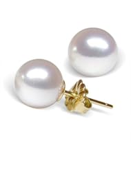 8mm AAA Quality Japanese Akoya cultured pearl earring studs set in 14K yellow gold