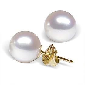 8mm AAA Quality Japanese Akoya cultured pearl earring studs set in 14K yellow... by American Pearl Jewelers