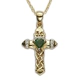 24K Gold Over Sterling Silver Claddagh Cross with Green Emerald