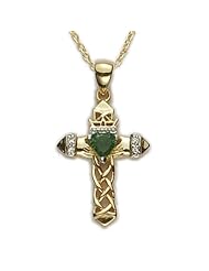 24K Gold Over .925 Sterling Silver Claddagh Cross Pendant with Green Emerald Celtic Jewelry Claddagh Necklaces Gift Boxed.w/Chain Necklace 18" Length Gift Boxed.