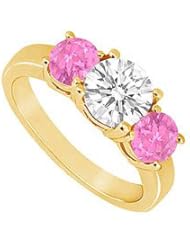 Three Stone Pink Sapphire and Diamond Ring 14K Yellow Gold - 1.50 CT TGW