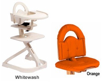 Svan High Chair from Scandinavian Child with Infant Kit and Cushion, Orange Cushion in Whitewash Wood