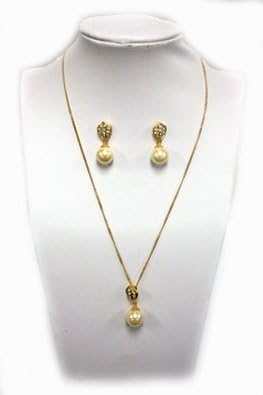 Large Faux Pearl Shell Charm Necklace & Earring Set w/ cubic Zirconia