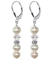 Classy Fresh Water Cultured Pearl Clear Swarovski Crystal Sterling Silver Leverback Dangle Earrings